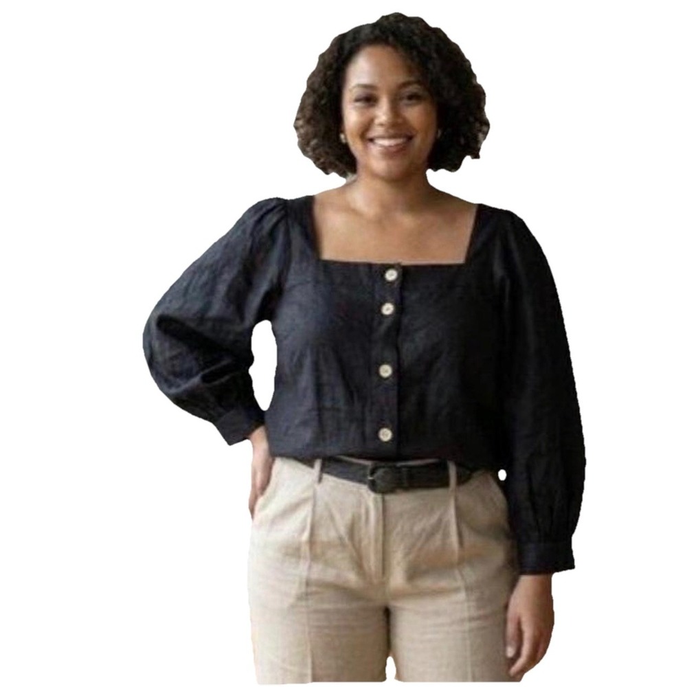 J.Crew Black 100%‎ Linen Square Neck Puff Sleeve Blouse Lagenlook Size Small